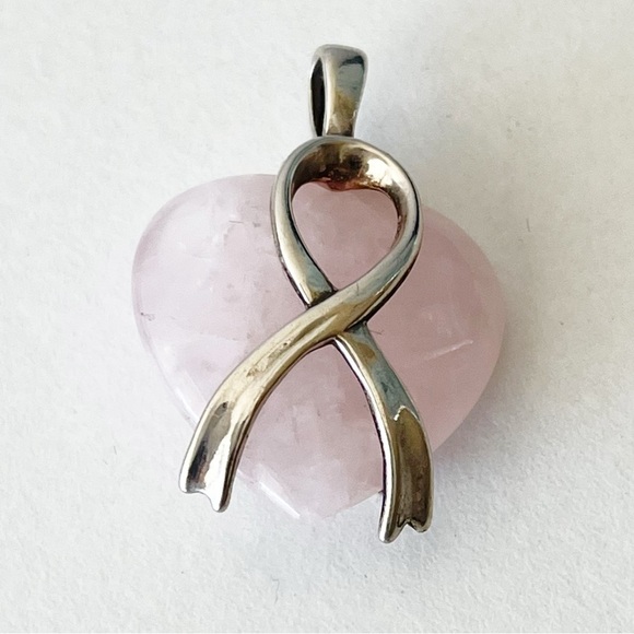 925 STERLING SILVER Rose Quartz Heart Pendant Breast Cancer Awareness - Picture 1 of 3